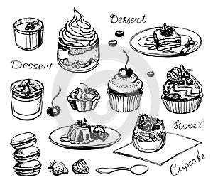 Set of desserts, cupcakes, cakes, berries